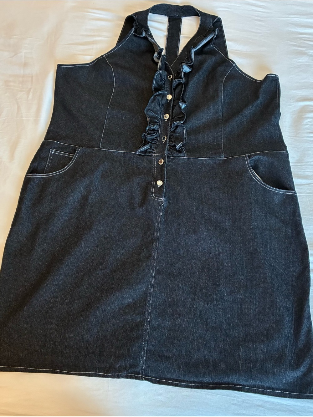 Denim Ruffle Halter Midi Dress - Black